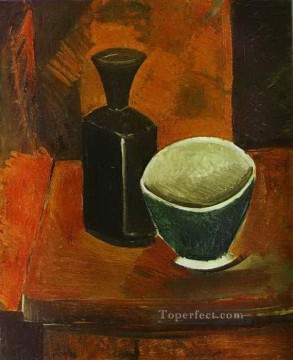  Cuenco Pintura - Cuenco verde y botella negra 1908 cubismo Pablo Picasso